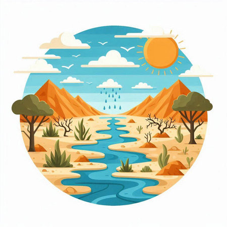 Desert landscape with river and mountains. Vector illustration in flat styleのイラスト素材