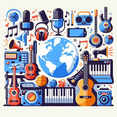 Music background with musical instruments and world map. Flat vector illustration.のイラスト素材