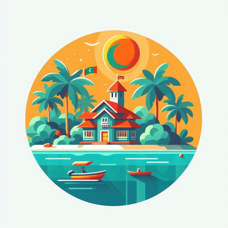 Tropical island with house, palm trees and boat. Vector illustrationのイラスト素材
