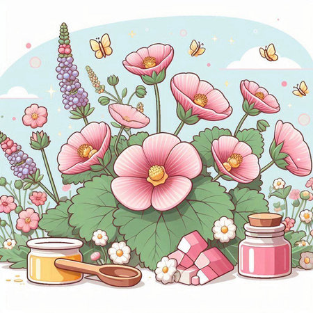 Hand drawn vector illustration of essential oils and flowers in cartoon style.のイラスト素材