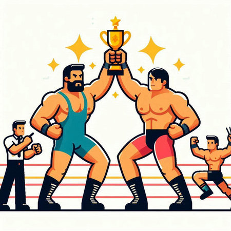 Cartoon illustration of a group of men boxing with a golden trophyのイラスト素材