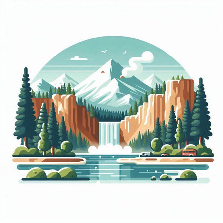 Mountains, river and forest. Vector illustration in flat style.のイラスト素材