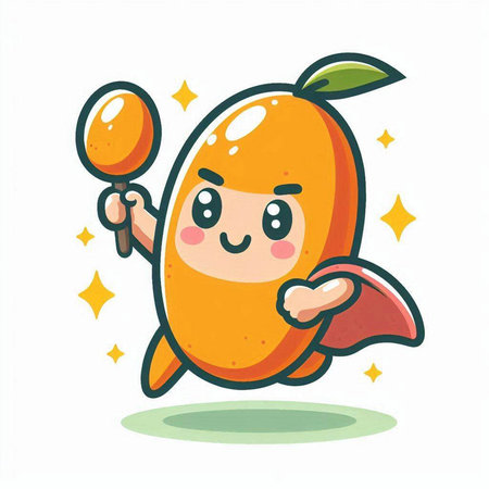 Kawaii mango character with maracas. Vector illustration isolated on white background.のイラスト素材