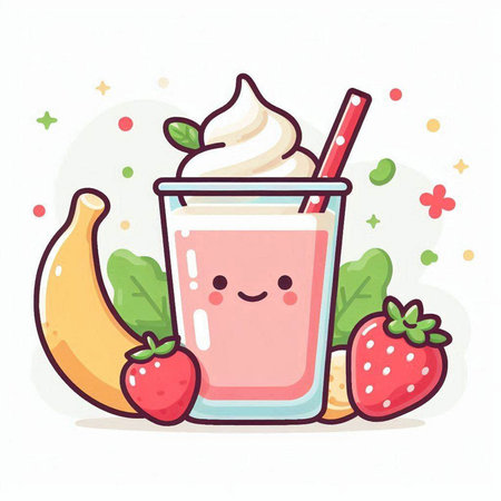 Smiling strawberry milkshake with whipped cream and banana. Vector illustration.のイラスト素材