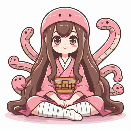 Cute cartoon girl in japanese kimono with octopusのイラスト素材