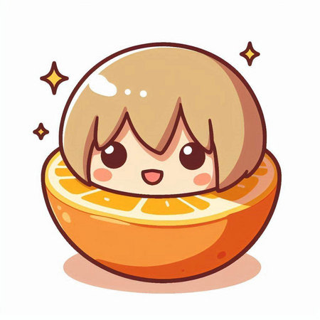 Cute cartoon girl with a slice of orange. Vector illustration.のイラスト素材