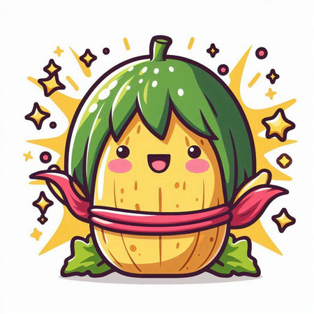 Cute kawaii papaya fruit with red ribbon. Vector illustration.のイラスト素材