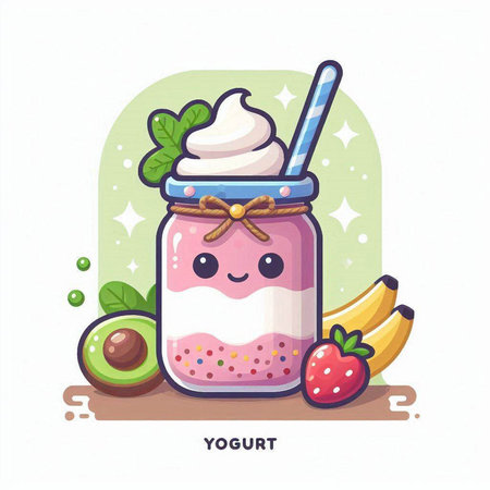 Smiling smoothie in a jar with whipped cream and fruits. Vector illustration.のイラスト素材
