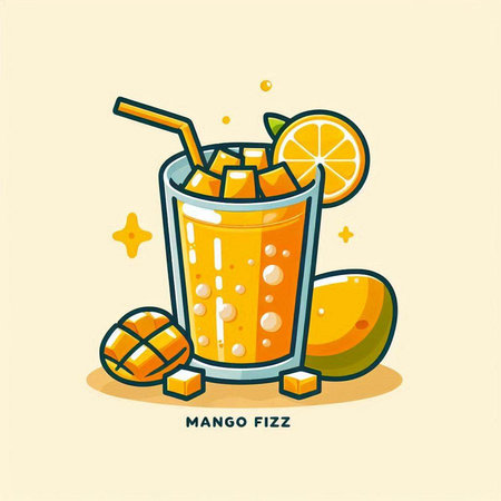 Mango juice in glass with ice cubes and straw. Vector illustration.のイラスト素材
