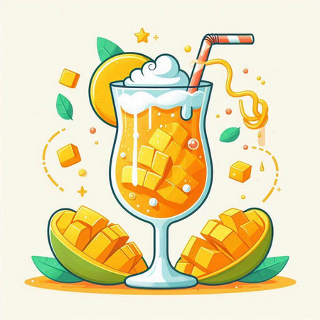 Mango juice in a glass with a straw and a basket of fresh fruits. Vector illustration.のイラスト素材