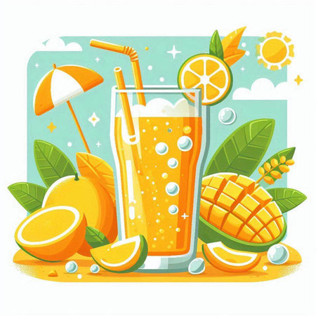 Mango smoothie with ice and fruits. Healthy drink vector illustrationのイラスト素材