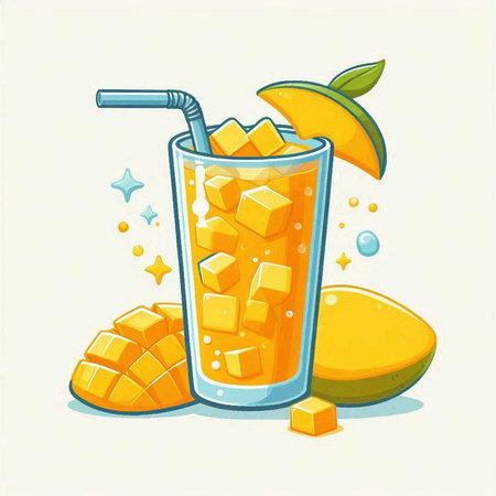 Mango smoothie in a glass and fresh mango fruit. Vector illustration.のイラスト素材