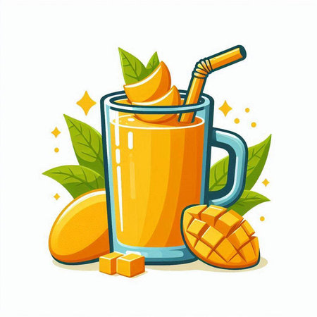 Mango smoothie with whipped cream and fresh fruit. Vector illustration.のイラスト素材