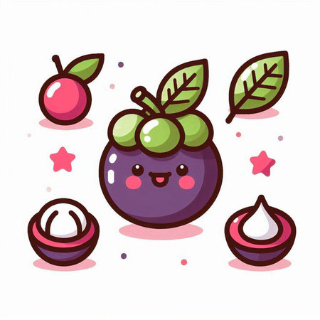 Cute mangosteen fruit cartoon vector illustration. Mascot character design.のイラスト素材