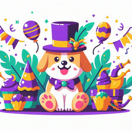 Cute cartoon dog in top hat with party items. Vector illustration.のイラスト素材
