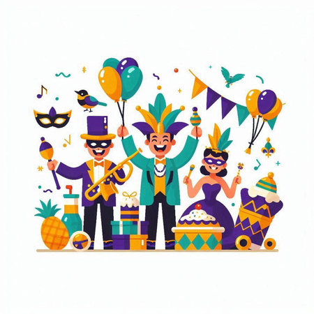 Mardi Gras party. Group of people in carnival costumes and masks. Vector illustrationのイラスト素材