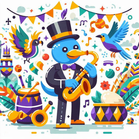 Mardi Gras flat vector illustration. Cute snowman playing the saxophone and singing.のイラスト素材