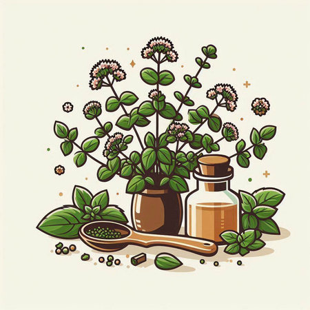 Oregano plant and essential oil in a glass bottle. Vector illustration.のイラスト素材