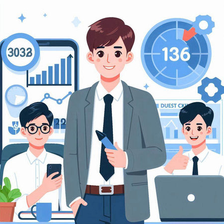 Vector illustration of businessman with laptop, smartphone and tablet in office.のイラスト素材