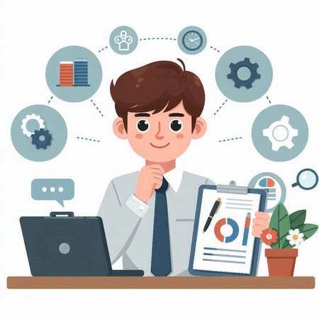 Businessman working in office with laptop. Vector illustration in flat styleのイラスト素材