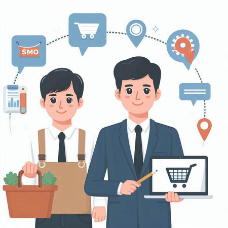 Businessman holding a shopping basket in his hand. Online shopping concept.のイラスト素材