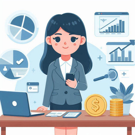 Businesswoman using mobile phone in office. Vector flat cartoon illustration.のイラスト素材
