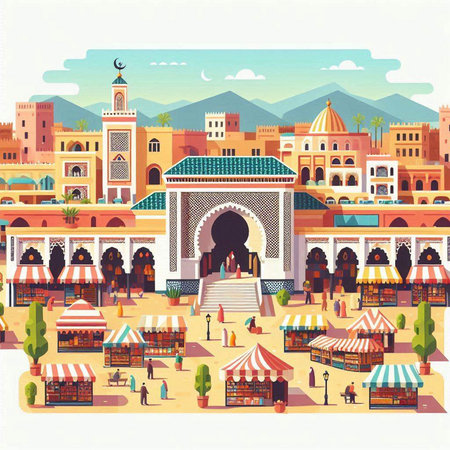 Tajikistan. Street market. Vector illustration in flat styleのイラスト素材