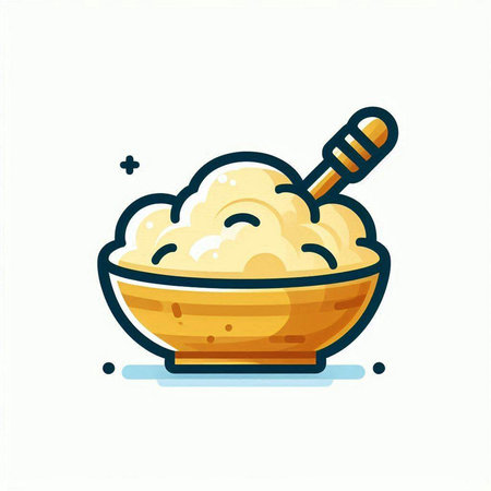 Illustration of a bowl of cottage cheese with a wooden spoon.のイラスト素材