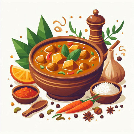 Vector illustration of Indian curry with spices and herbs in a bowl.のイラスト素材