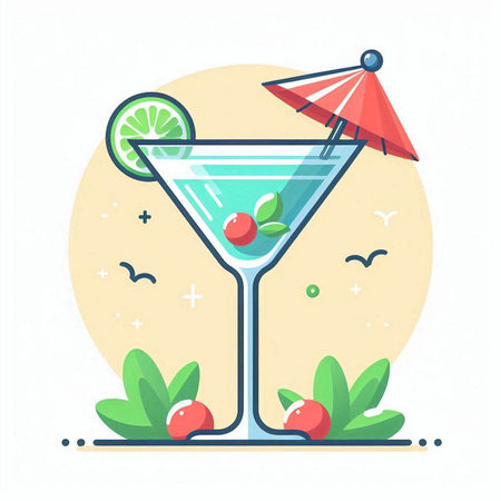 Cocktail with lime and mint on the beach. Vector illustration.のイラスト素材