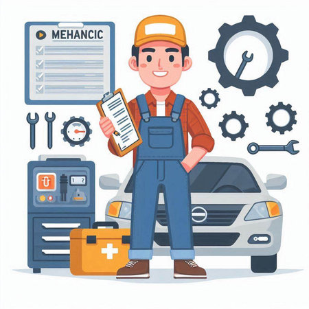 Mechanic and car service. Mechanic holding clipboard and checklist. Vector illustrationのイラスト素材