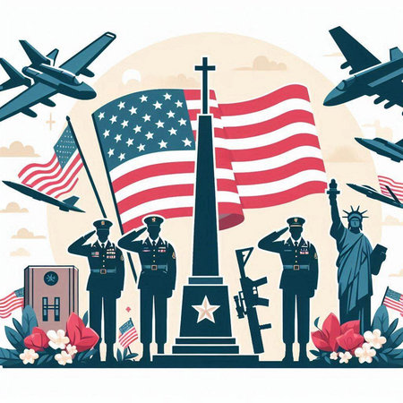 American flag and soldiers on the background of the memorial. Vector illustrationのイラスト素材
