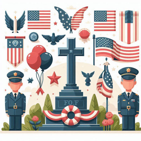 American flag with flowers and crosses in the forest. Vector illustration.のイラスト素材