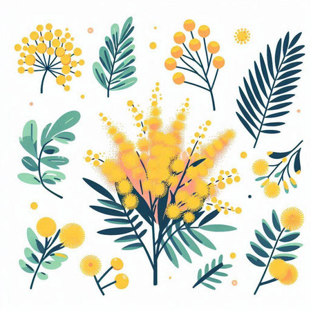 Mimosa flowers and leaves. Hand drawn vector illustration in flat styleのイラスト素材