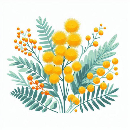 Bouquet of mimosa flowers and leaves. Vector illustration.のイラスト素材