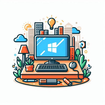 Vector line art illustration of workplace with computer, keyboard, mouse, lamp and plant. Modern flat style design.のイラスト素材
