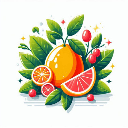 Vector illustration of orange fruit with leaves and berries on white background.のイラスト素材