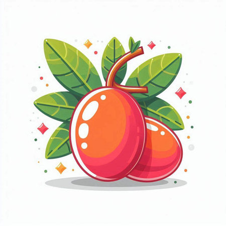 Ripe mango fruits with leaves on white background. Vector illustration.のイラスト素材