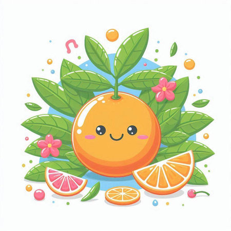 Cute cartoon orange fruit character with leaves and fruits. Vector illustration.のイラスト素材
