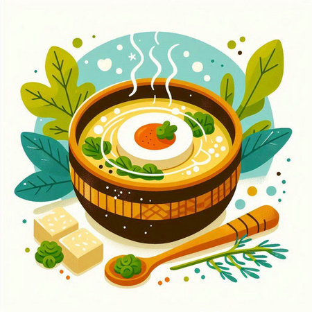 Egg soup in a wooden bowl with green leaves. Vector illustration.のイラスト素材