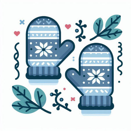 Vector illustration of winter mittens with leaves and snowflakes.のイラスト素材