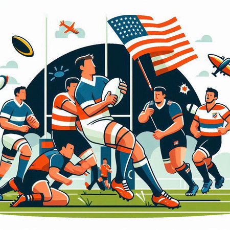 Rugby players in action with american flag, vector illustrationのイラスト素材