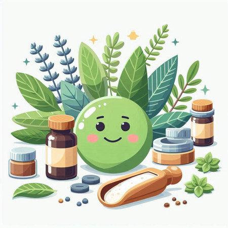 Scientist man in white coat and eyeglasses working on computer. Vector illustrationのイラスト素材