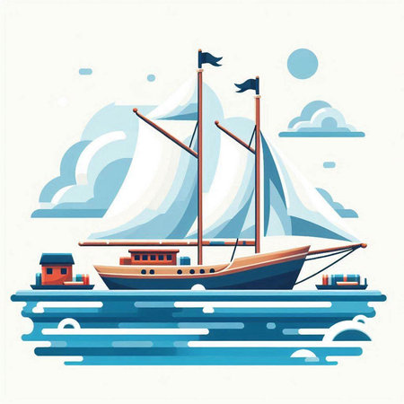 Sailing ship in the sea. Vector illustration in flat style.のイラスト素材