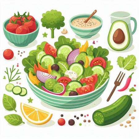 Salad in a bowl. Vegetarian food. Vector illustration.のイラスト素材