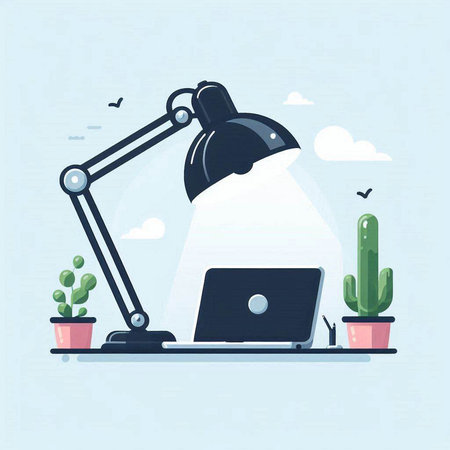 Flat design modern vector illustration concept of home office workspace. Laptop, lamp, cactus and succulent plants in pots.のイラスト素材