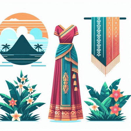 Set of traditional indian clothes and accessories. Vector illustration in flat style.のイラスト素材