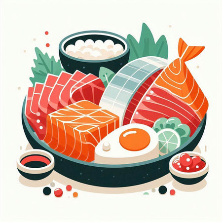 Sushi set with salmon, tuna, shrimp, egg, soy sauce, ginger and mayonnaise. Vector illustrationのイラスト素材