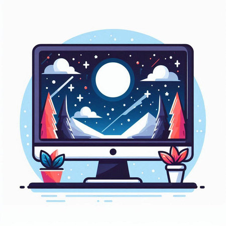 Vector illustration of computer screen with winter landscape. Flat style design.のイラスト素材