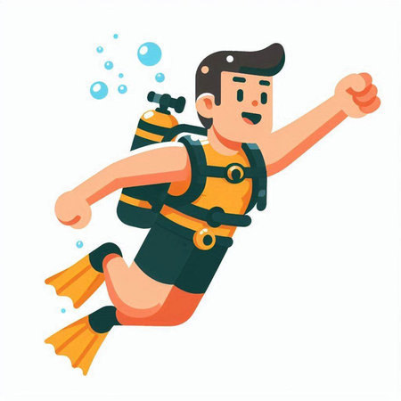 Scuba diver character. Vector flat cartoon illustration isolated on white background.のイラスト素材